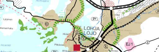 Ote Uudenmaan vahvistettujen maakuntakaavojen yhdistelmästä leilla, 2-kerroksinen tiilirakenteinen viiden huoneiston asuintalo (v. 1947, 414 krs-m 2 ), tiilirakenteinen omakotitalo (v.