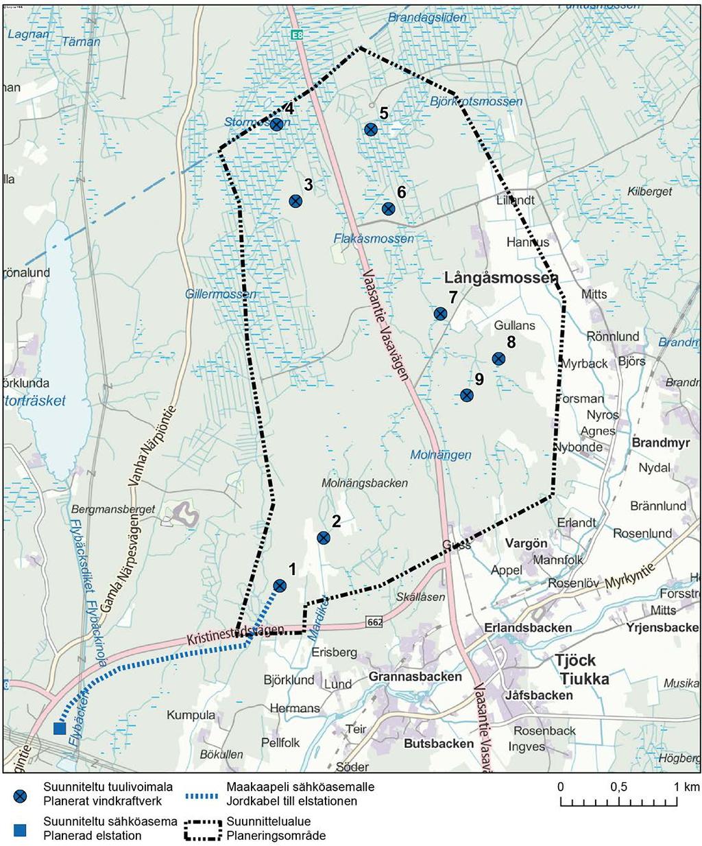 Kuva 5 1. Vaihtoehdon 1 mukainen tuulivoimaloiden alustava sijoitussuunnitelma. 5.2 Sähkönsiirto Sähkönsiirron osalta ympäristövaikutusten arvioinnissa tarkastellaan Tiukan tuulivoimahankkeen kytkemistä Fingrid Oyj:n kantaverkkoon.