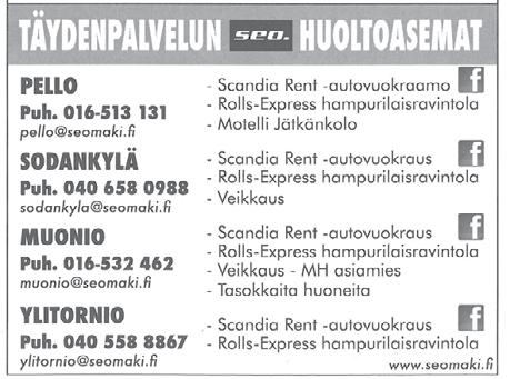TÄYDENPALVELUN HUOLTOASEMAT myös martinpilkin arvat löytyy meiltä! Tapahtumien ja kulttuurin Sodankylä 2017 Matkailuneuvonta I Jäämerentie 3 I 99600 Sodankylä I 040 74 69 776 info(at)sodankyla.
