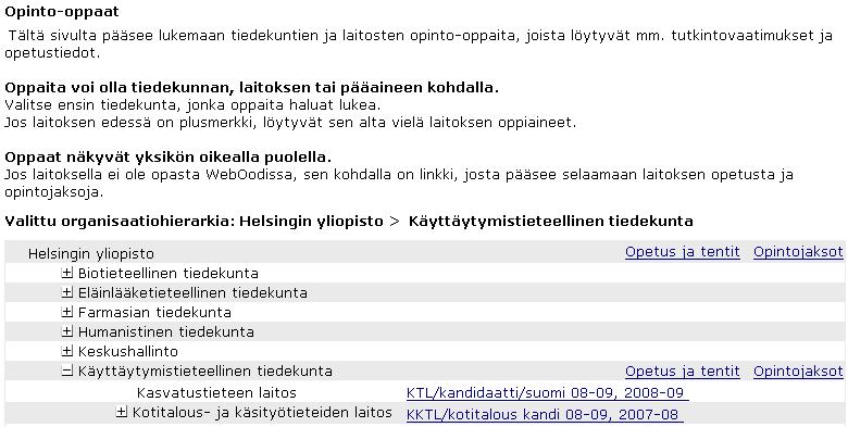 Seuraavaksi avautuu lista tiedekunnista.