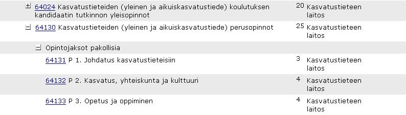 Jokaisen kokonaisuuden edessä on -merkki, jota klikkaamalla aukeaa lista kokonaisuuden sisällöstä Klikkaamalla opintojakson tunnistetta pääset näkemään