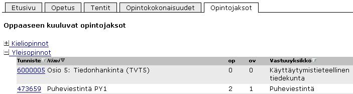 Auenneen sivun alareunassa näytetään myös kyseiseen opintojaksoon liittyvä opetus ja tentit.