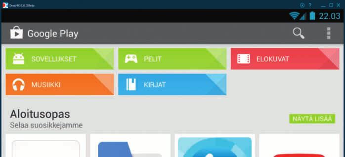 Voit ladata kaupasta haluamasi sovellukset Android-emulaattoriin seuraavalla aukeamalla olevien ohjeiden