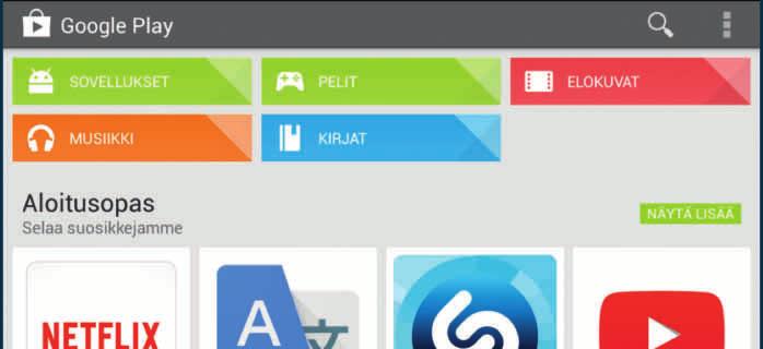 Kaupan sisältöä voi selata etusivun painikkeilla, kuten esimerkiksi SOVELLUKSET ja PELIT.