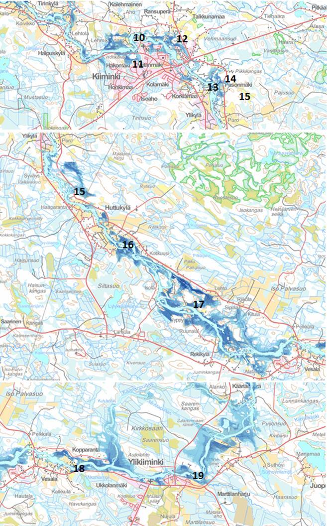 Kuva 7-3. Tulva-alueen teiden (taulukko 7-3) sijainti. Kuvissa esitetty 1/20a tulva. (Lähde: tulvakartta SYKE) Honkasentie (mt 18732) Alakylässä on yleinen tie.