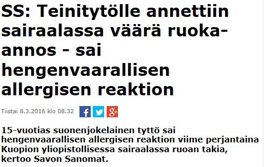 http://www.iltalehti.fi/uutiset/2016030821235181_uu.shtml Savon Sanomien mukaan tyttö oli ollut jo kotiutumassa sairaalasta ja söi viimeistä lounasta ennen kotiin lähtöä.
