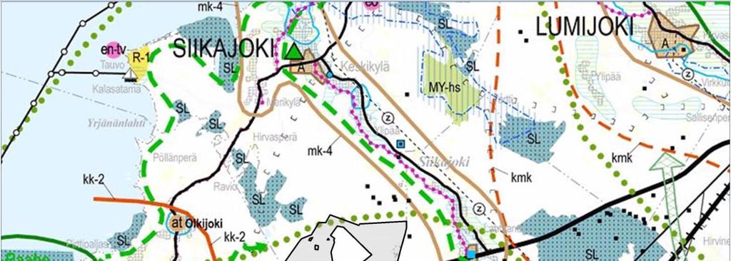 6 Siikajoen lintuvedet ja suot Natura-alue ja luonnonsuojelualue (SL), viheryhteystarve ja moottorikelkkailureitti. Suunnittelualueen ympäristöön on merkitty muinaismuistokohteita.