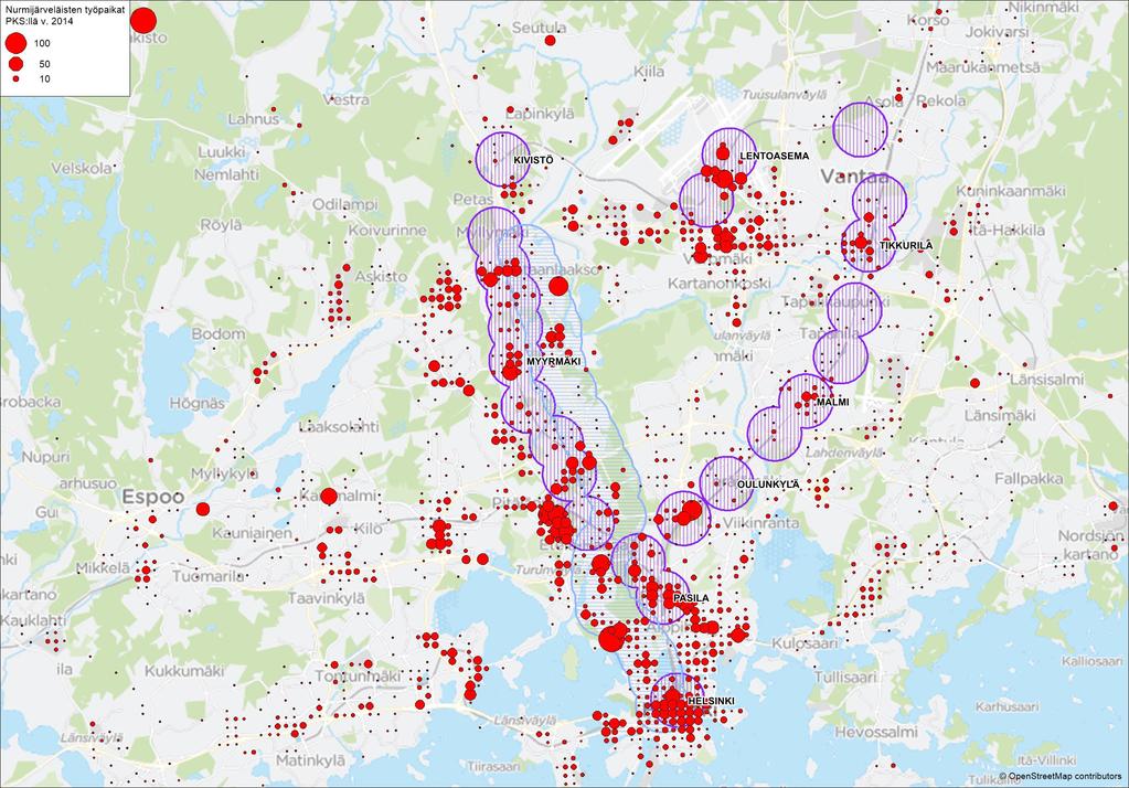 Työssäkäynti Nurmijärveltä - Työpaikkoja PKS:llä yhteensä 10 147-800 m päässä Hämeenlinnanväylän ja Mannerheimintien