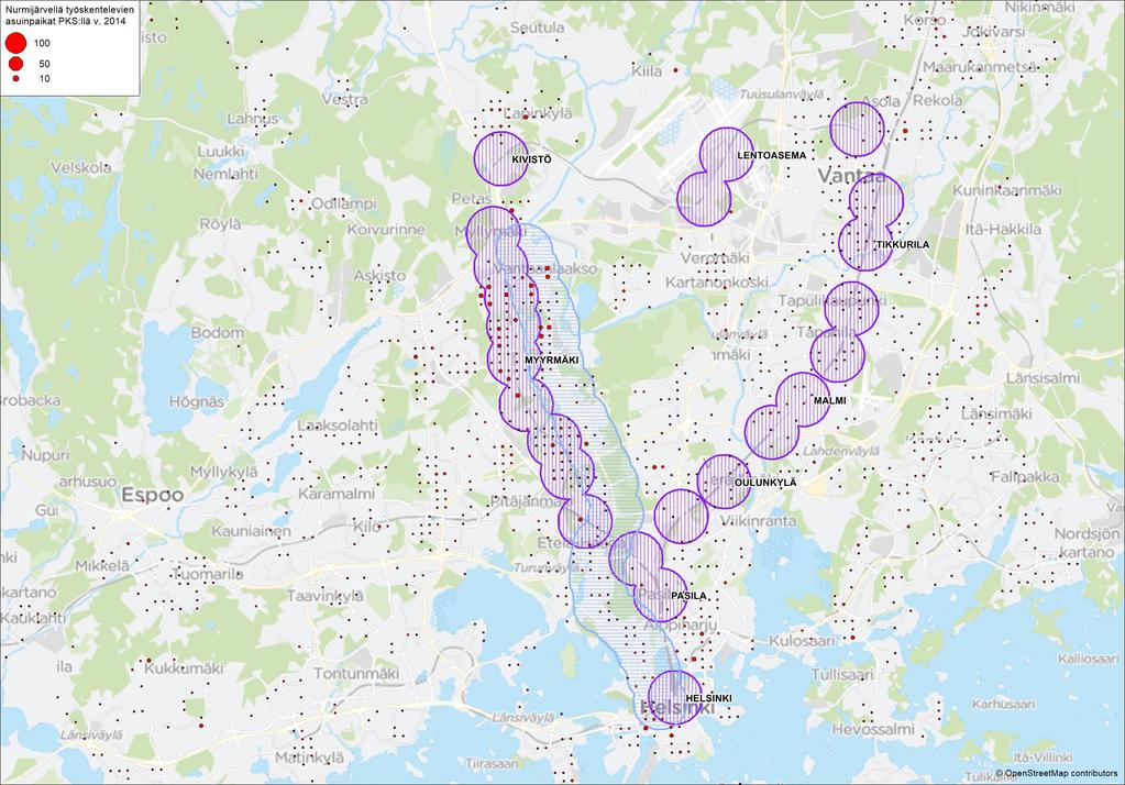 Työssäkäynti Nurmijärvelle - Nurmijärvellä työskenteleviä ja PKS:llä asuvia yhteensä 1 684-800 m päässä