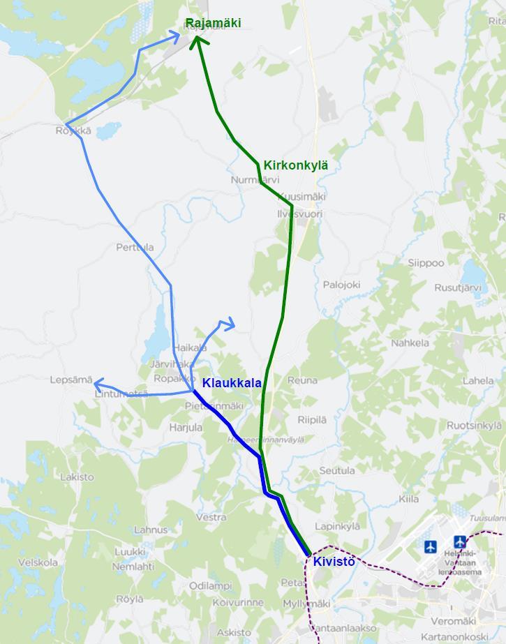 HSL-liityntälinjat Linjaston runko muodostuu liityntälinjoista Kivistöön Tiheähkö vuoroväli ma la Klaukkalasta esim.