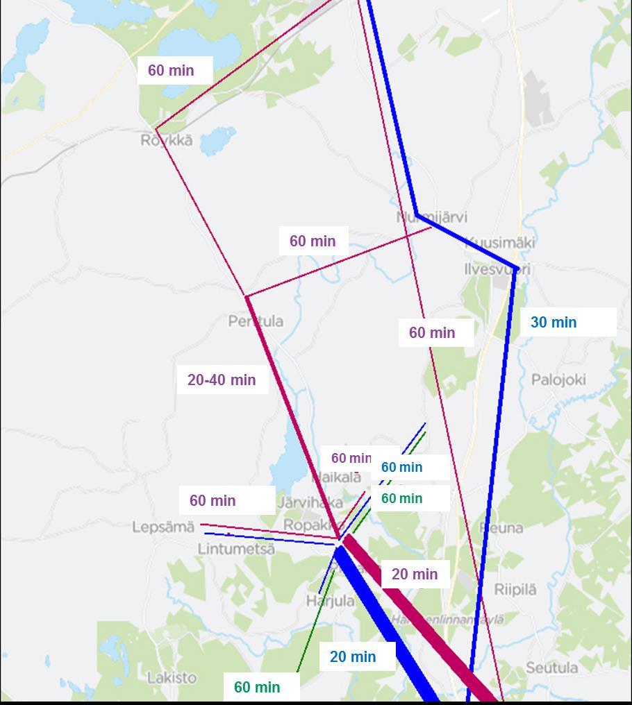 HSL-bussilinjaston rakennemallin vuorovälit ruuhka-aikaan Violetti = liityntä (ma la) Sininen = Kamppiin (ruuhka-aikoina) Vihreä = Lahnuksen kautta Martinlaaksoon