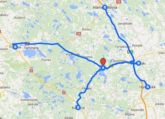 3 Kuva 2. Etäisyydet kartalla Lopelta lähialueen kaupunkeihin (Google Maps 2016) Mahdollisesti perustettavan katsastusaseman pääasiallinen asiakaskunta sijaitsisi Lopella.