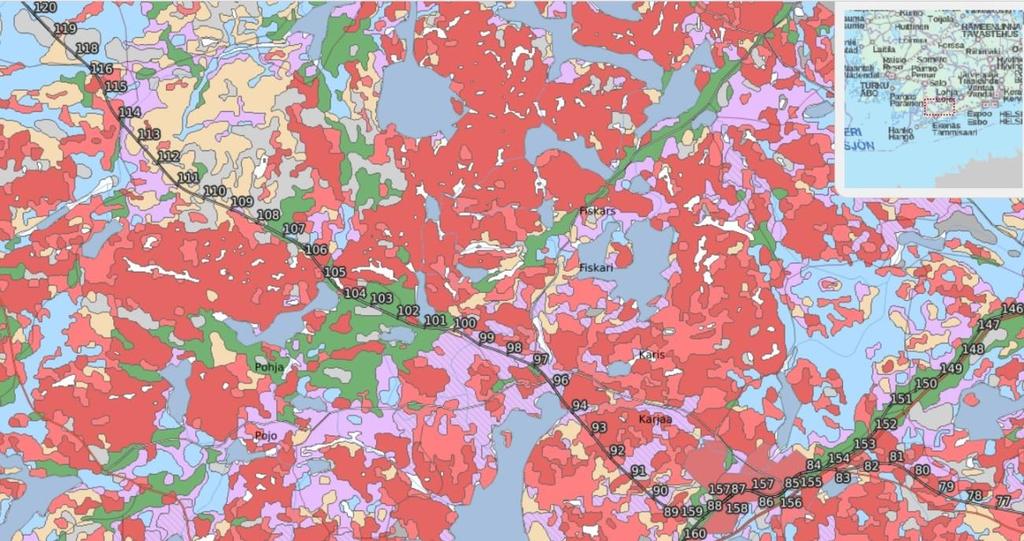 65 Kuva 7.1 Esimerkkikohteen maaperäkartta (Arcus et al.) Maaperäkartassa on kuvattu pohjamaalajit eli maalaji, jota esiintyy metrin syvyydellä maanpinnan alapuolella.