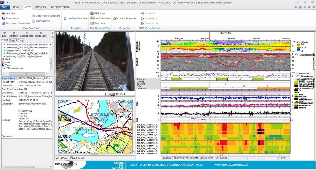 66 Kuva 7.2 Näkymä tutkimusdatasta Rail Doctor -ohjelmassa.