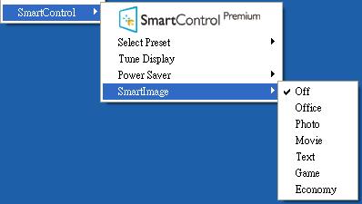 SmartControl Premium - Näyttää valittuna About (Tietoja tuotteesta) -näytön Select Preset (Valitse Esiasetus) - Sisältää esiasetukset hierarkisessa järjestyksessä välitöntä käyttöä varten.