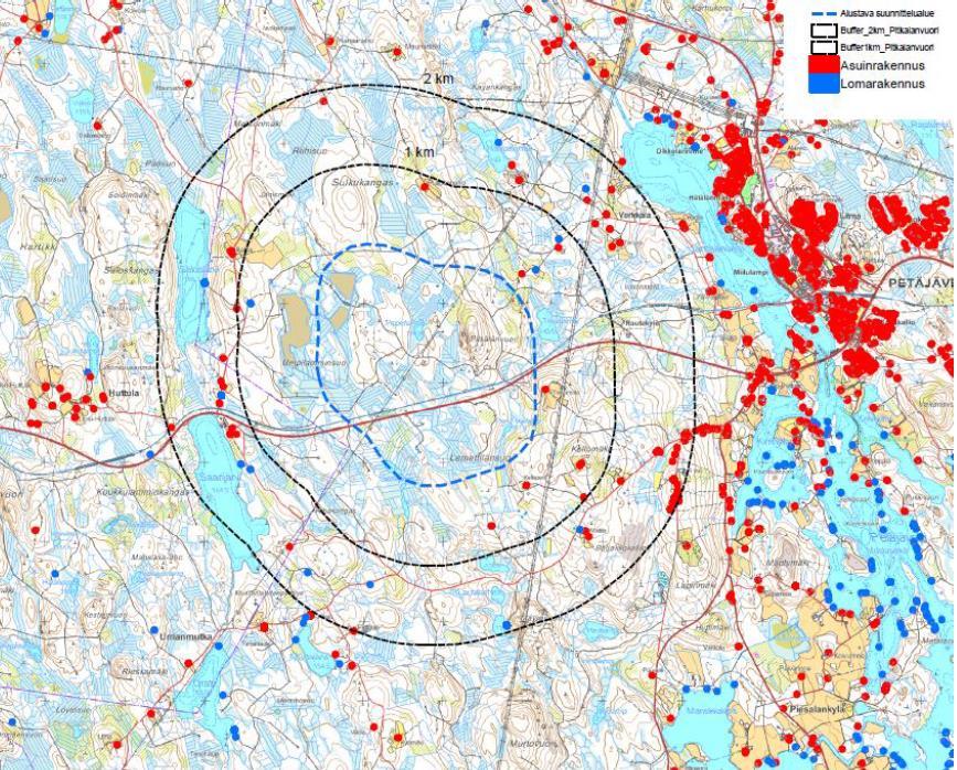 5 (83) Kuva 3 Asuin- ja lomarakennukset suunnittelualueen läheisyydessä. Etäisyys kuvassa on mitattu alustavasta suunnittelualueen rajauksesta. 4.1.