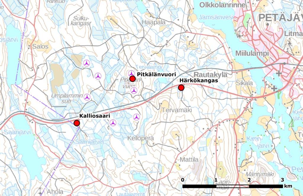 22 (83) Kuva 14. Muutonseurantapaikat. Syysmuuttoseurantaa tehtiin Pitkälänvuorelta ja Härkökankaalta, kevätmuuttoseurantaa Ptkälänvuorelta ja Kalliosaaresta.