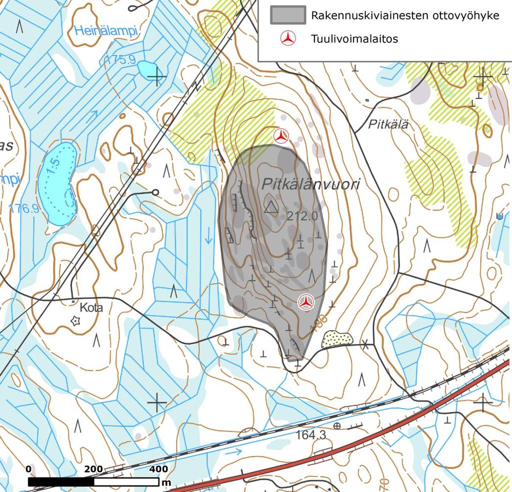 46 (83) Kuva 28. Rakennuskiviaineksen ottoalue suunniteltujen tuulivoimaloiden läheisyydessä. (Aluerajaus: Olli Ristaniemi, Keski-Suomen liitto 18.8.2015) Suunnitelluista tuulivoimalaitoksista yksi sijoittuu aluerajauksen sisäpuolelle, sen reunamille ja yksi tuulivoimalaitos sijoittuu noin 40 metrin etäisyydelle aluerajauksesta (kuva 27).