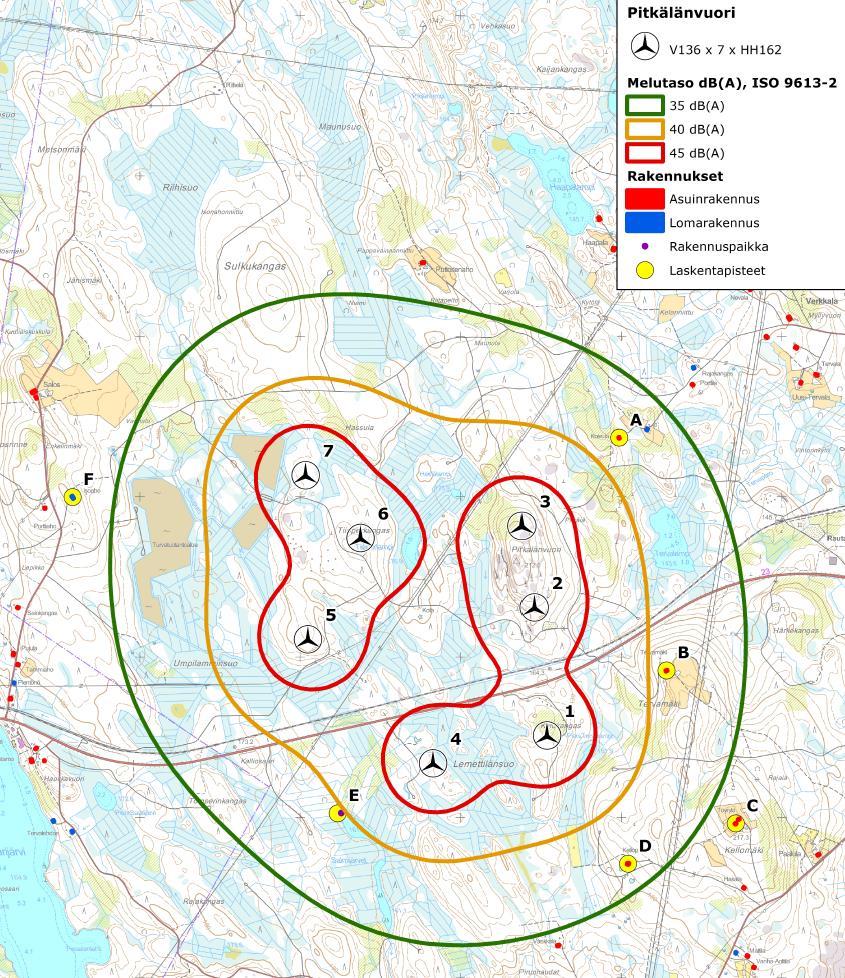 65 (83) Kuva 34 Luonnosvaiheen melumallinnus Laaditun melumallinnuksen mukaan Pitkälänvuoren tuulivoimapuiston meluvaikutukset lähimmille asuinrakennuksille eivät ylitä valtioneuvoston asetuksen