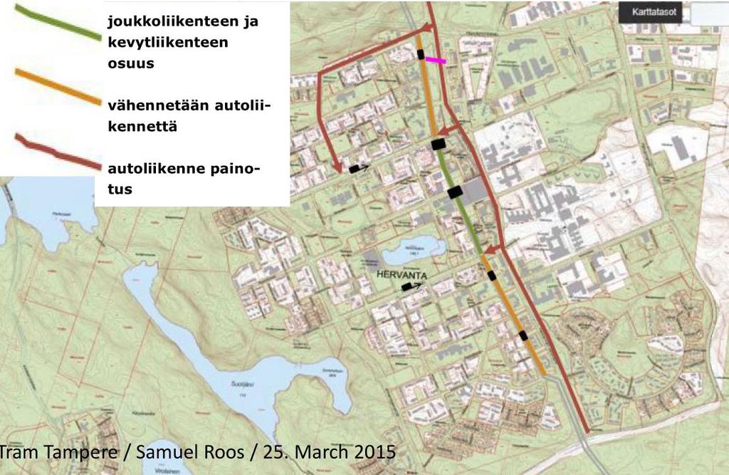 34 Henkilöautoliikenne ja pysäköinti Insinöörinkadun rooli muuttuu suunnitelmassa raitiotiekaduksi. Henkilöautoliikennettä pyritään tietoisesti ohjaamaan Insinöörinkadulta Hervannan valtaväylälle.