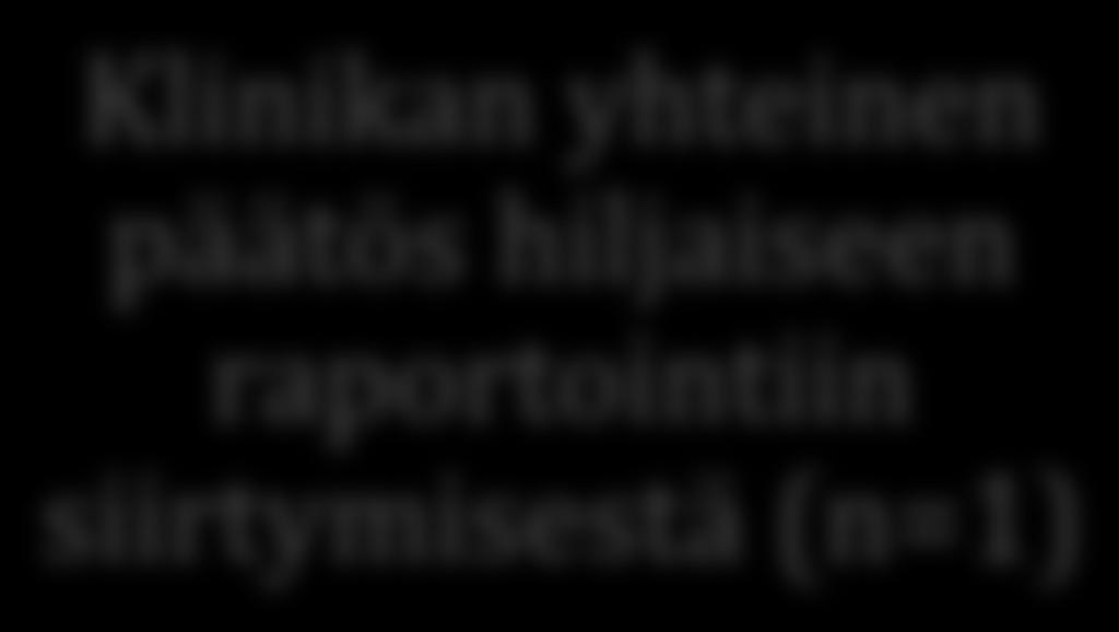 43 Esimiehen tuki (n=6) ja läsnäolo muutoksessa (n=2) Kollegoiden tuki (n=4) Klinikan yhteinen päätös hiljaiseen raportointiin siirtymisestä (n=1) Tietoa hiljaisesta raportoinnista (n=3) ja sen