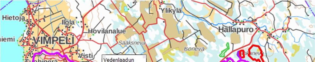 Kuva 7. Tarkasteluun otetut vedenlaadun havaintopaikat hankealueen alapuolisessa vesistössä. Poikkijoen vedenlaatutiedot on esitetty taulukossa 5.