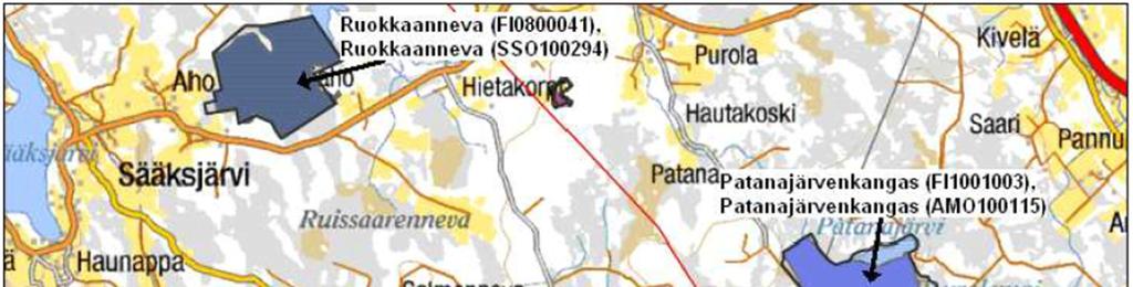 Kuva 19. Rahkanevan hankealue sekä ympäröivät suojelualueet.