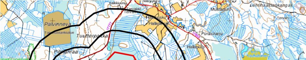 Kuva 22. Häiriintyvät kohteen 1 km:n etäisyydellä hankealueista (siniset pisteet).