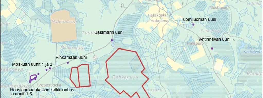 Kuva 32. Hankealueen läheisyydessä sijaitsevat muinaisjäännökset. 6.17 ELINKEINOELÄMÄ, TYÖLLISYYS JA TALOUS Hanke työllistää kunnostus- ja tuotantovaiheessa koneurakoitsijoita.