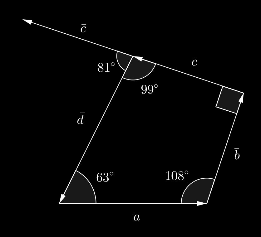 c) Siirretään vektori b alkamaan samasta pisteestä kuin vektori c. Vektorien välinen kulma on 180 90 = 90. Siis ( bc, ) = 90. d) Nelikulmion kulmien summa on 360.