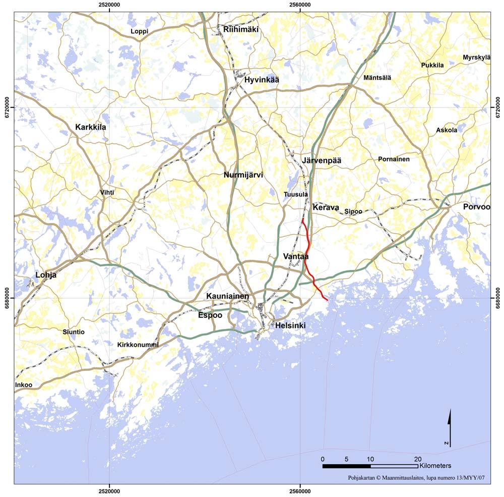 2 Kuva 1.1. Helsingin Vuosaaren satamasta pohjoiseen suuntautuva ratalinja punaisella. Savion rautatietunneli alkaa Vantaalta Porvoonväylän eteläpuolelta ja jatkuu 13.