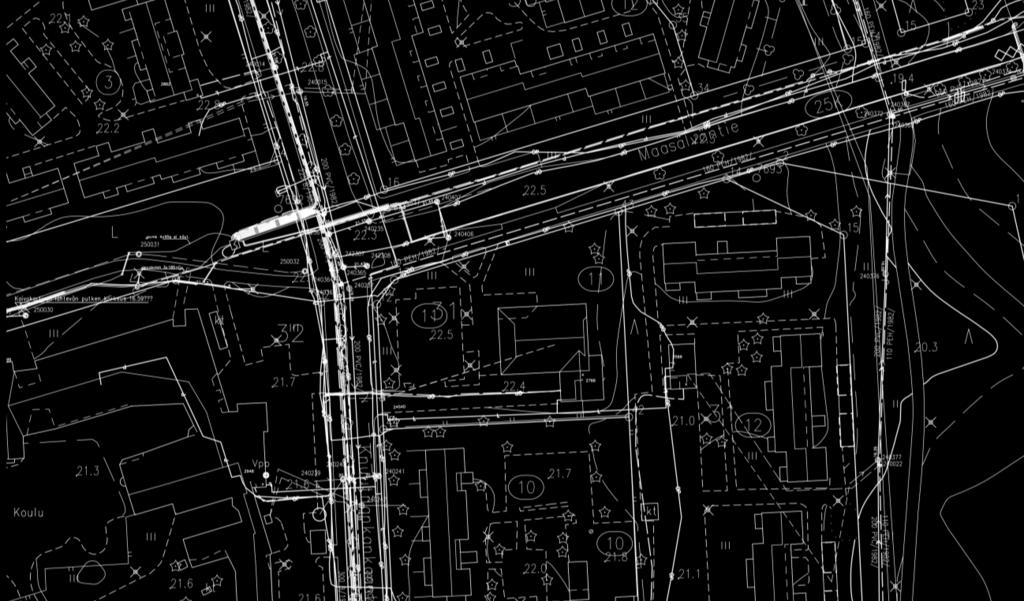 (Kaukolämpölinja aniliininpunaisella, sähköjohto keltaisella ja
