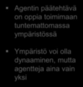 1 Perinteisesti tekoäly liittyy yhden agentin systeemiin, jossa agentti jatkuvasti oppii ympäristöstään Yksittäinen agentti Angle!