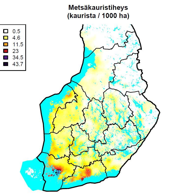 Metsäkauris (Capreolus capreolus) Populaatio n 54-66 000 Saalis n 5 000 Ahvenanmaalla 5000 Lisäksi muutamia satoja luonnonvaraisia