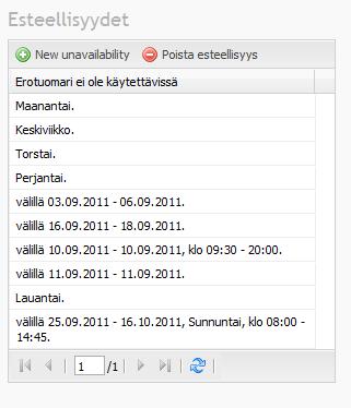 Esteellisyydet Kuva 4: Voimassa olevat esteesi Uuden esteen voi lisätä klikkaamalla New unavailability ja täyttämällä tarvittavat kohdat.