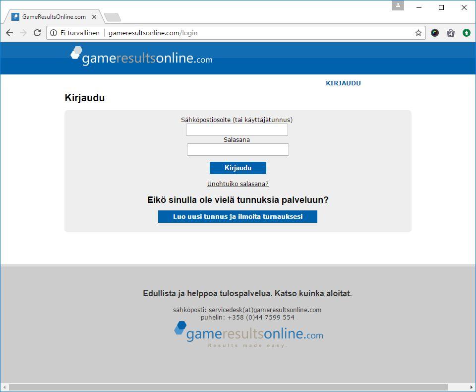 Kirjaudu tulospalveluun saamillasi tunnuksilla, http://gameresultsonline.