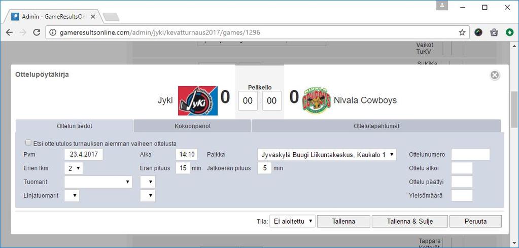 Tulospalvelun päänäkymä Kun klikkaat tulospalvelun auki ottelutaulukosta, avautuu selaimeen modaalinen dialogi (https://webapps.jyu.