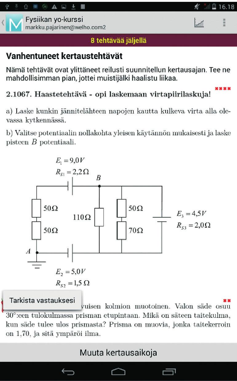 Tehtävien automaattinen kertaus Mafynetti kertaa punaisella ruksilla merkityt, ei-osatut tehtävät, automaattisesti.