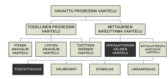 17 Kuva 11. Gage R&R -menetelmällä tutkittavia prosessin vaihtelun aiheuttamia tekijöitä (Kuusisto 2007, 26).