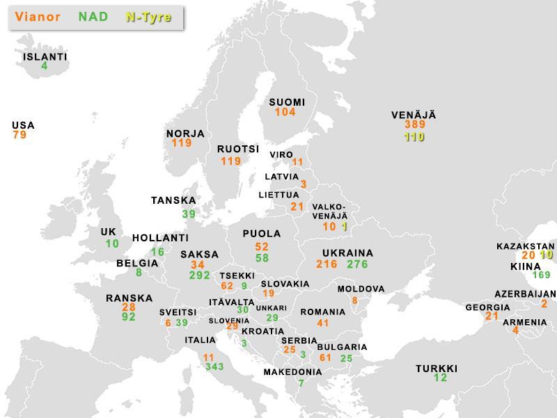 Jälleenmyyjäkumppaniverkosto Vianor, NAD, N-Tyre +141 myymälää Q3:lla Vianor 1,494 myymälää 26 maassa 206 omaa, 1 288 partneria +19 myymälää 1-9/2016 suurin rengasketju Pohjoismaissa ja Baltiassa: