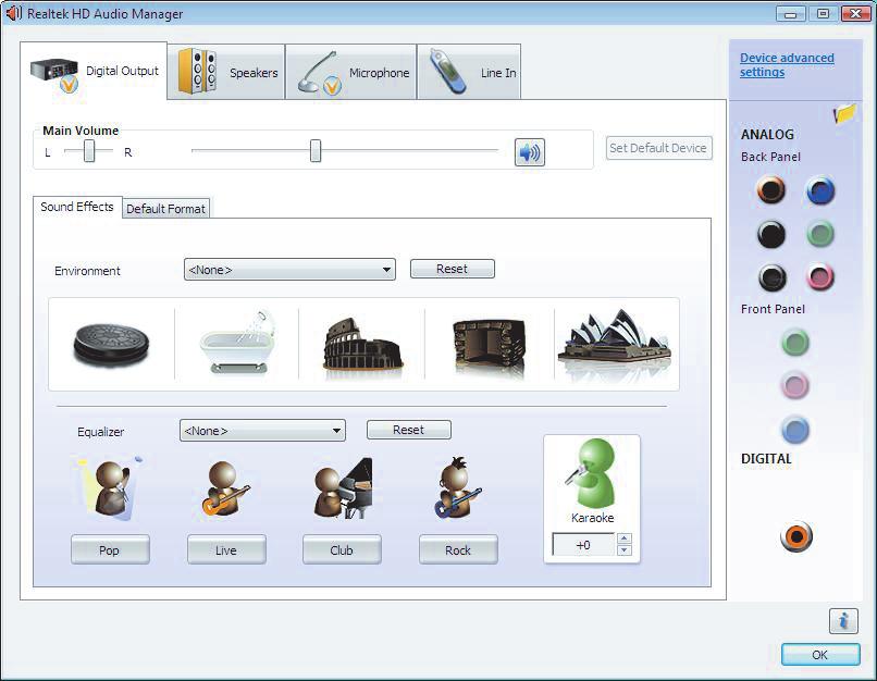 Realtek HD Audio Manager -ohjelman ohjausnäytöt Digitaalinen lähtö: Valitse näytössä ympäristö- ja taajuuskorjainasetukset.