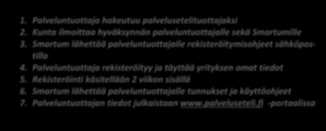 28 1. Palveluntuottaja hakeutuu palvelusetelituottajaksi 2. Kunta ilmoittaa hyväksynnän palveluntuottajalle sekä Smartumille 3.