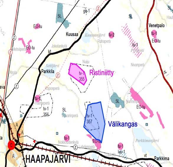 Kuva 3. Ote Phjis-Phjanmaan maakuntakaavan 1. vaihekaavasta. Ristiniityn suunnittelualueen sijainti n sitettu viletilla. Sinisellä n sitettu viereinen Välikankaan suunnittelualue.