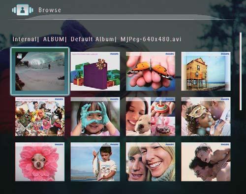4 Toistaminen Valokuvien toistaminen Suomi Huomautus PhotoFrame-kehyksessä voi toistaa JPEG- tai Progressive JPEG -muotoisia valokuvia. 1 Valitse aloitusnäytössä [Play] ja vahvista OK-painikkeella.