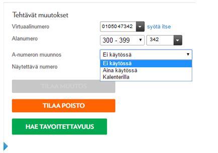 Elisa Oyj Puheratkaisu Vakio 14 (15) A-numeron muunnos otetaan käyttöön valitsemalla alasvetovalkiosta haluttu vaihtoehto. A-numeron muunnoksessa on käytössä kolme vaihtoehtoa: 1.