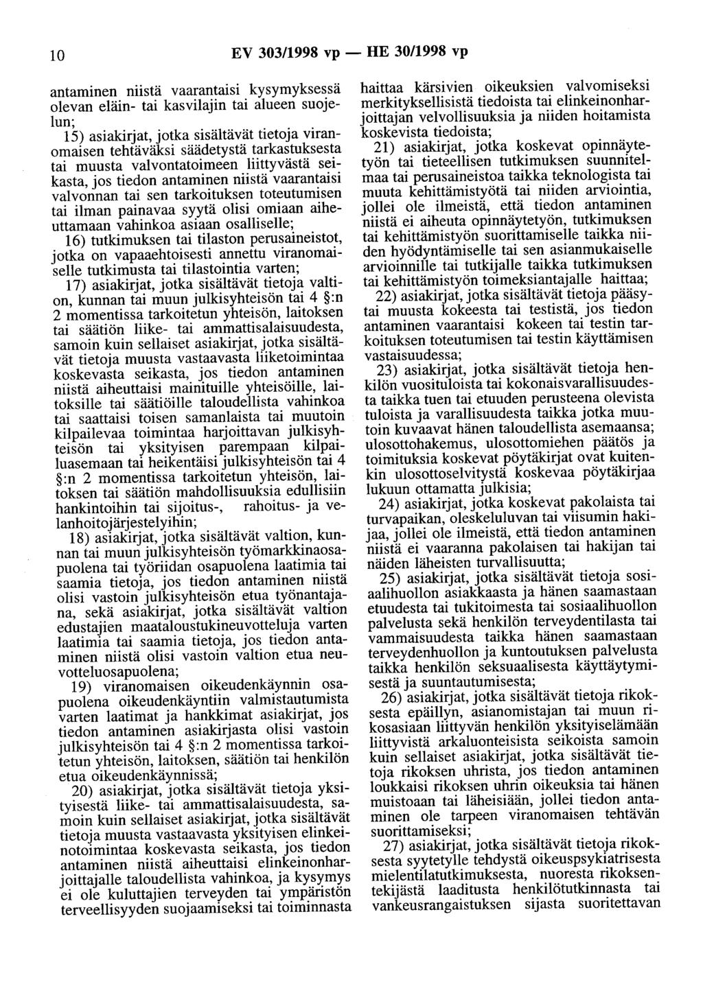 10 EV 303/1998 vp - HE 30/1998 vp antaminen niistä vaarantaisi kysymyksessä olevan eläin- tai kasvilajin tai alueen suojelun; 15) asiakirjat, jotka sisältävät tietoja viranomaisen tehtäväksi