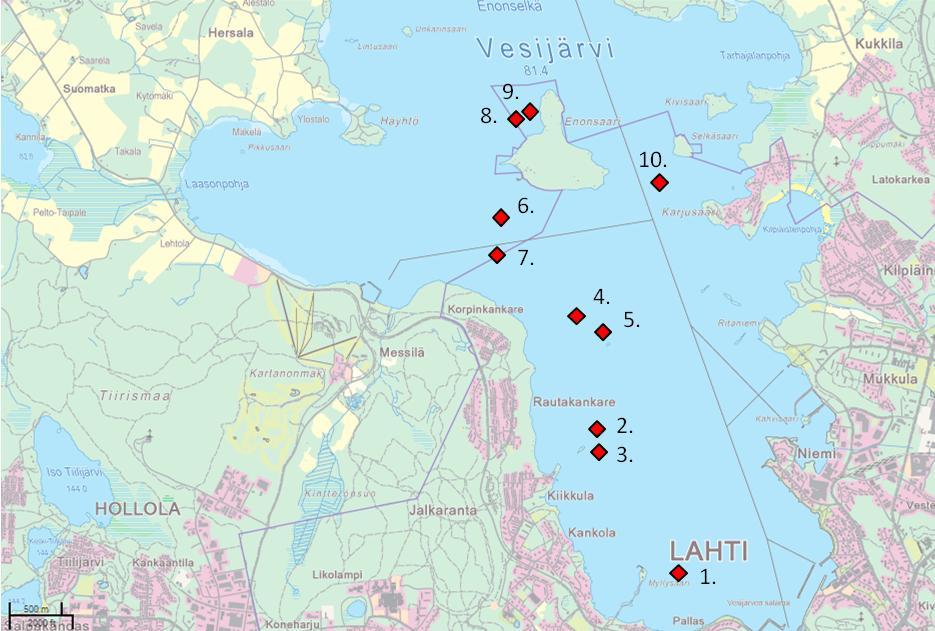 4 Kuva 1. Vesijärven pohjaeläintarkkailun havaintopaikkojen sijainti: 1) Myllysaari 14.5 m, 2) Vasikkasaari syvänne 22 m, 3) Vasikkasaari välisyvyys 10.