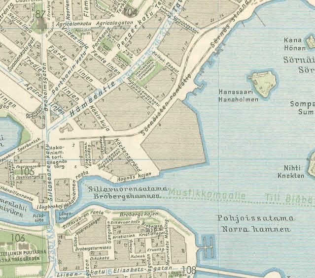 0 Kansainvälinen (CC BY 4.0).. Kartta Helsingin kaupungista ja sen alueista vuodelta 1909.