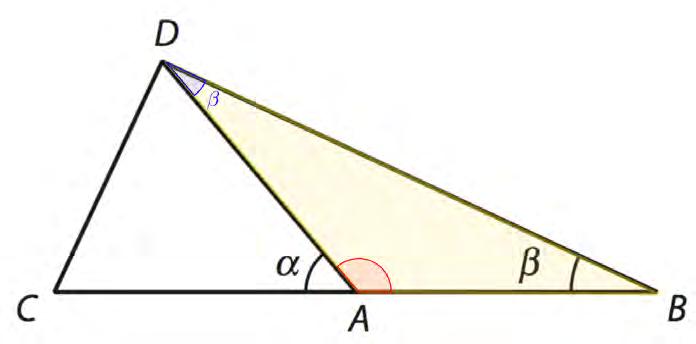 Tekijä MAA3 Geometria 21.8.2016 35 a) Koska AD = AB, niin kolmio ABD on tasakylkinen. Siten kantakulmat ADB ja DBA ovat yhtä suuret:!adb = β.