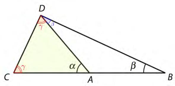 b) Koska AC = AD, niin kolmio CAD on tasakylkinen. Siten kantakulmat ACD ja CDA ovat yhtä suuret. Merkitään kulmia kirjaimella γ.